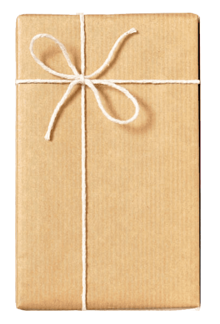 A brown paper package tied with white string.
